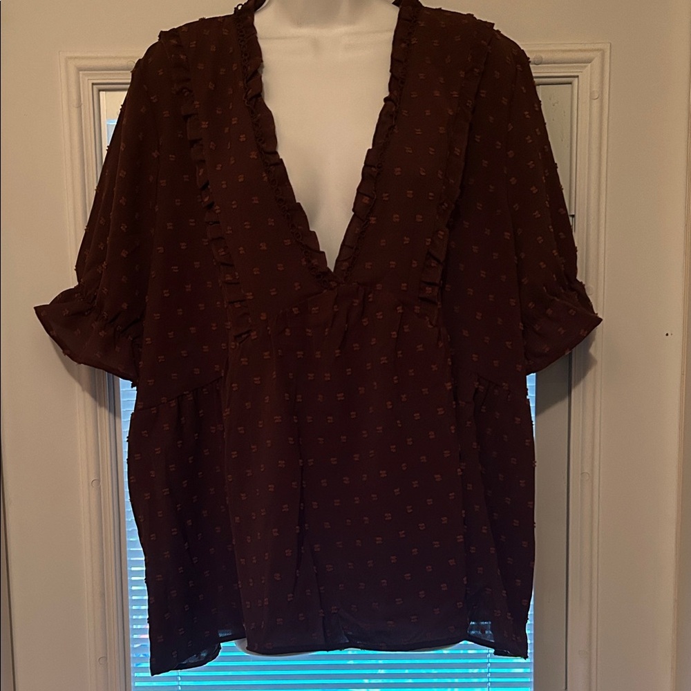 Women's Brown Ruffle V-Neck Top